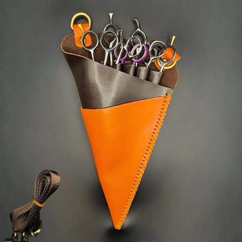 Étui à ciseaux en cuir orange et marron de qualité supérieure - Ceinture professionnelle à 5 poches