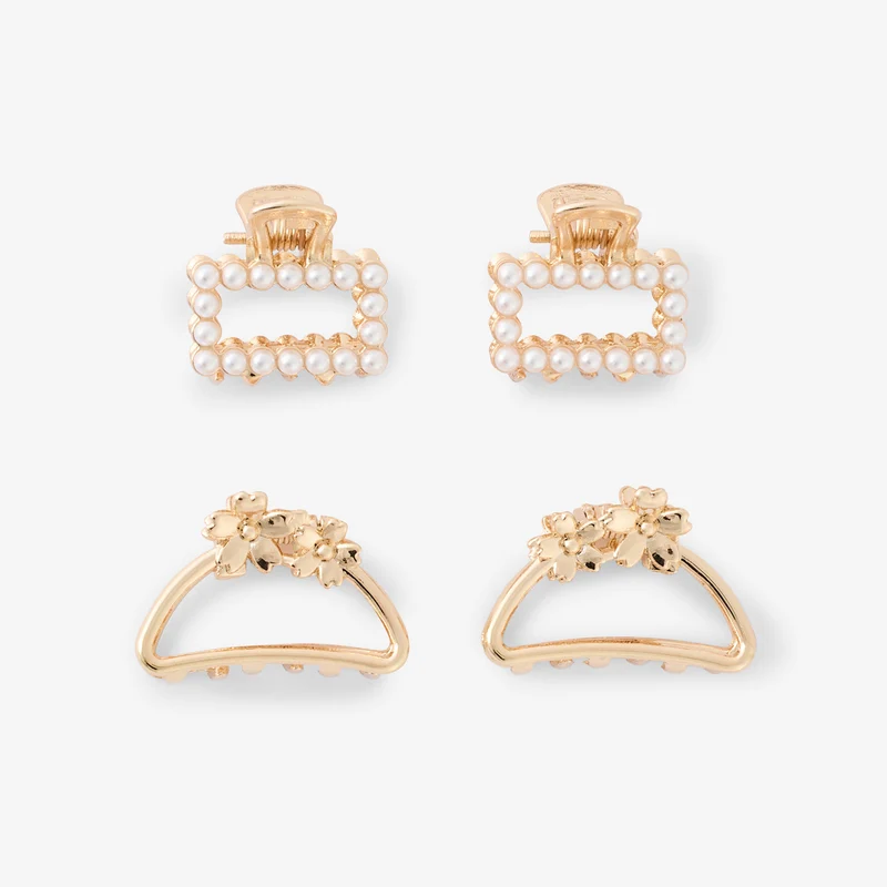 Set de 4 pinces à cheveux dorées perles et fleurs