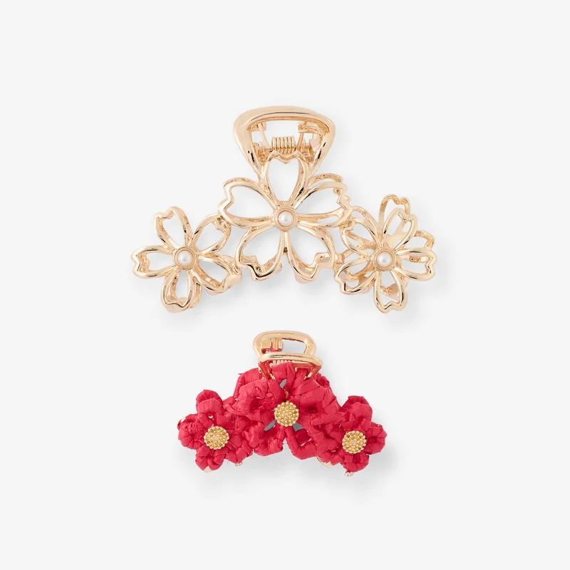 Set de 2 pinces à cheveux fleurs raphia fuchsia