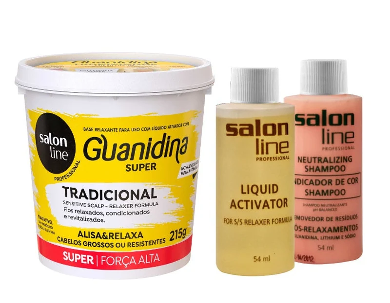 Guanidina Hair Relaxer Traditional Straightening Super Strenght Kit 3 Itens - Salon Line