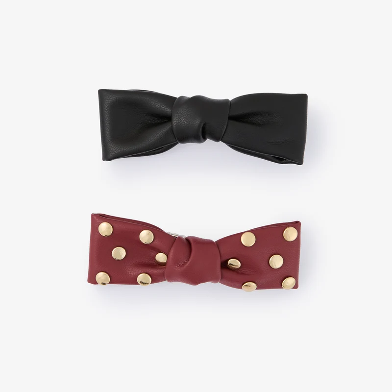 Set de 2 pinces à cheveux nœud effet cuir bordeaux et noir
