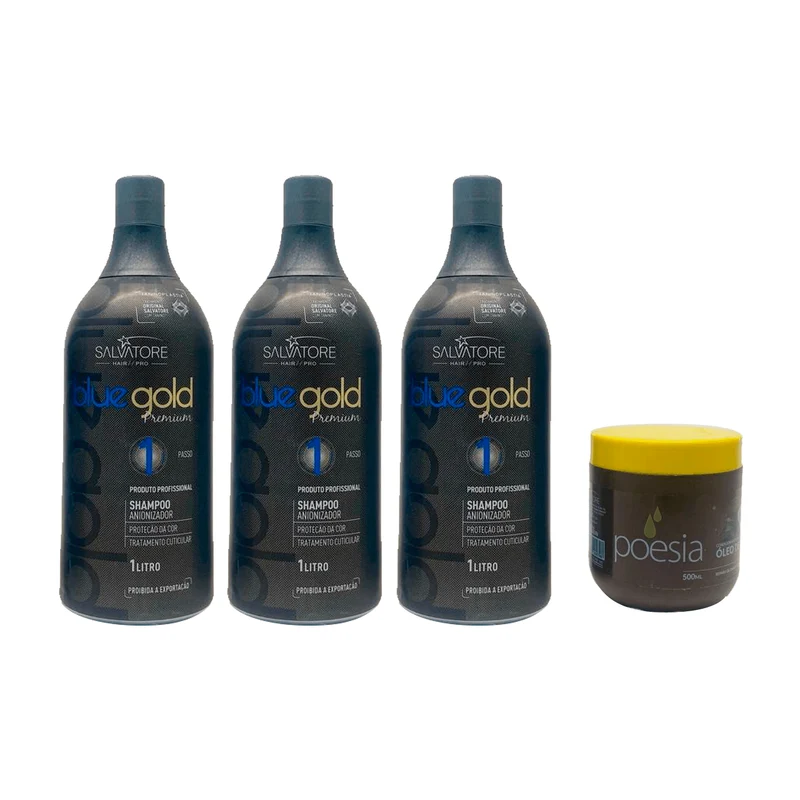 Salvatore, Blue Gold, Shampoing nettoyant en profondeur pour cheveux, 3 x 1 L + Poesia Oleo de Coco, Masque capillaire, 500 g
