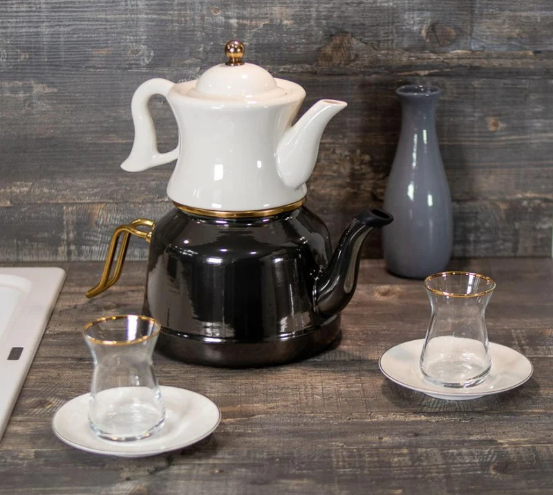 KARACA RETRO Théière en émail noir et porcelaine - Induction