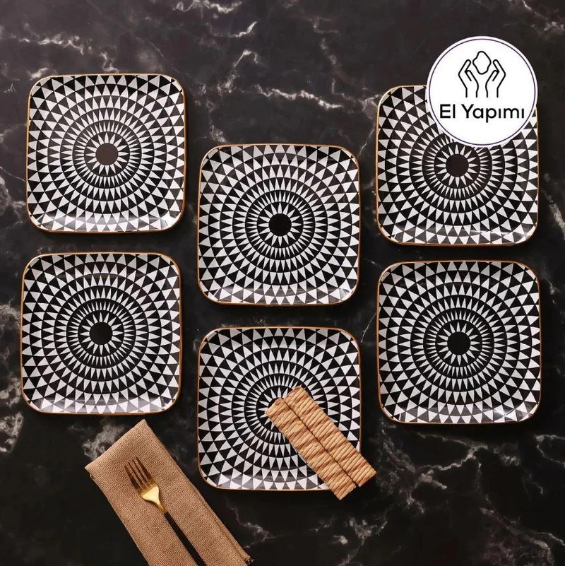 KARACA BLACK GOLD Set de 6 assiettes à dessert carré