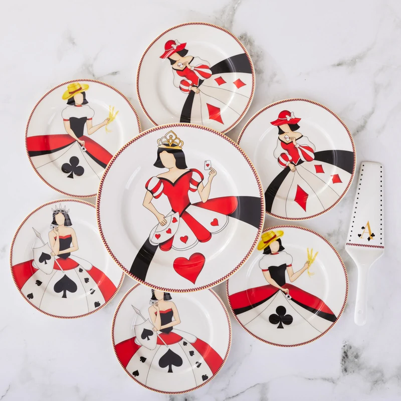 KARACA KUPA KIZI-REINE DES COEURS Set de 6 assiettes à dessert avec plat et spatule