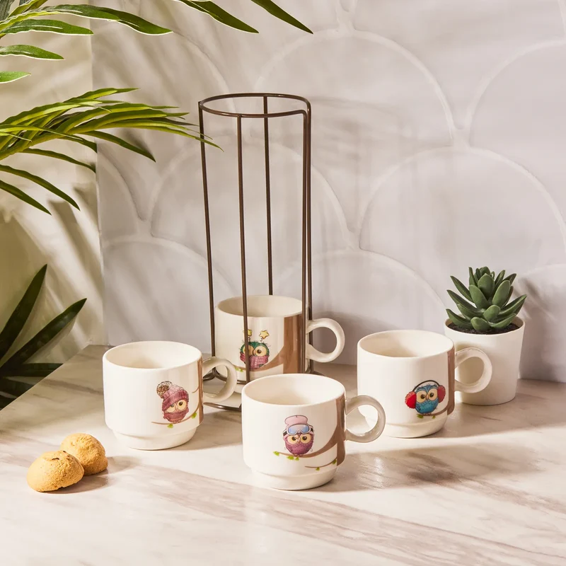 KARACA OWL Lot de 4 mugs (160 ml) avec support