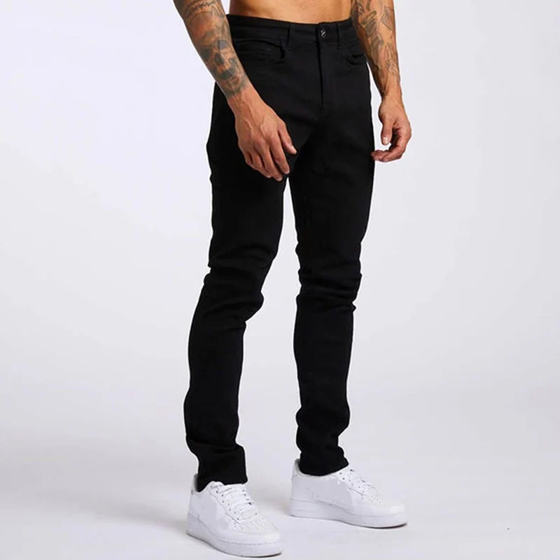 Calça Jeans Masculina Skinny Elástica Cor Sólida Stretch Slim Fit Denim Jeans Jogging Streetwear Cowboy Casual Preta