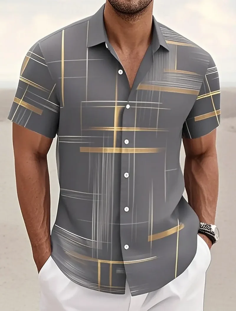 Camisas masculinas de verão com estampa geométrica xadrez, manga curta, estilo havaiano, com fechamento por botões e sem bolsos.