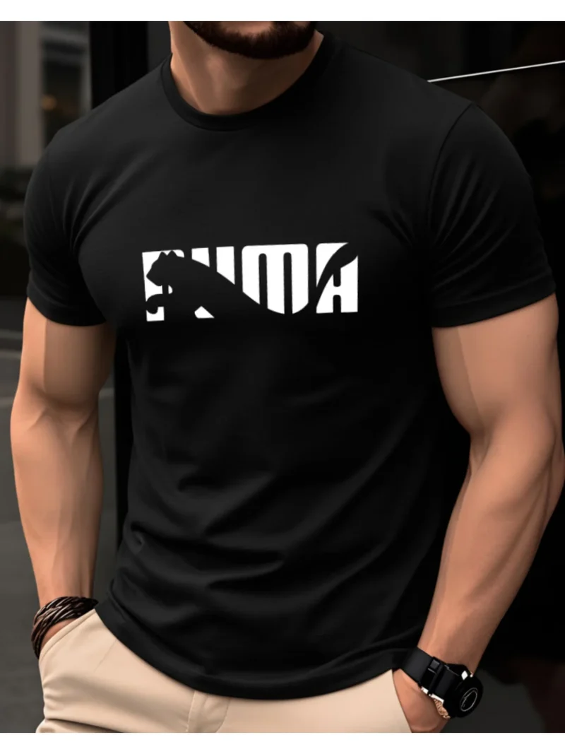 Camiseta masculina de verão, 100% algodão puro, casual, moderna, folgada, com estampa geométrica de animais e letras, gola redonda e manga curta.