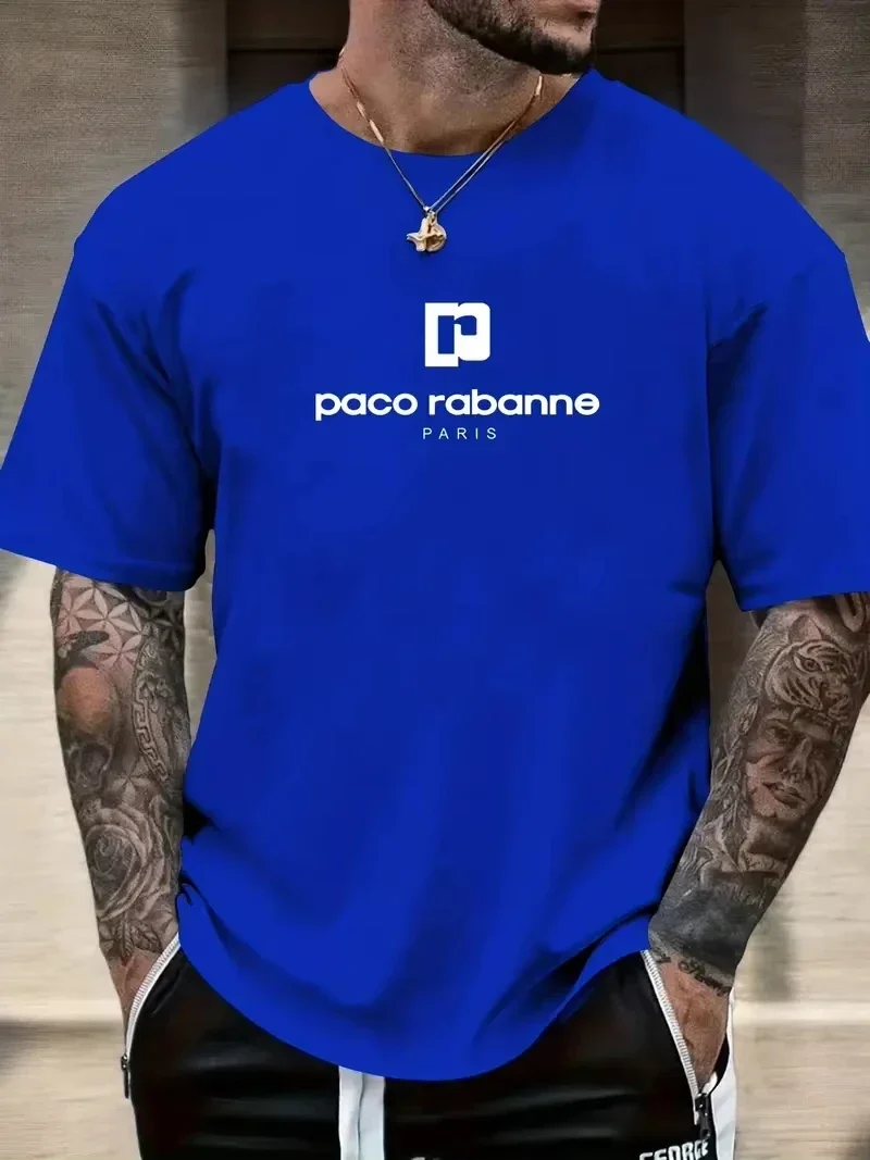 Camiseta masculina de verão com estampa de letras, estilo casual, gola redonda e manga curta.
