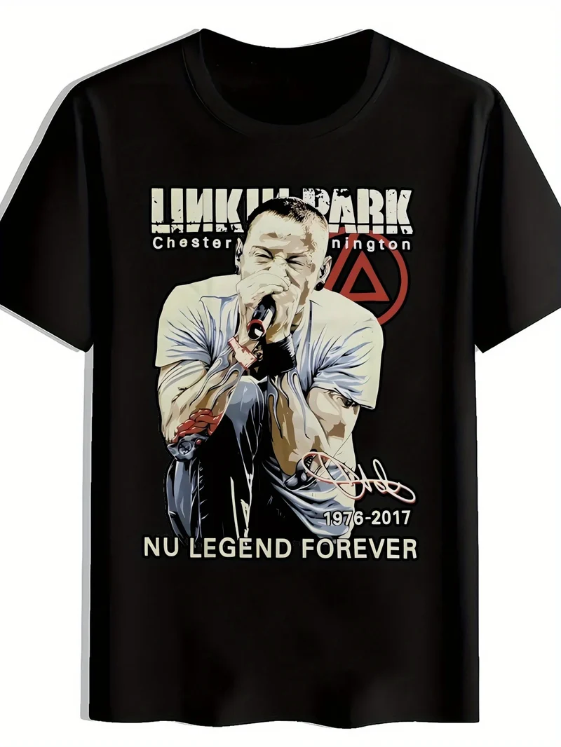 Camiseta masculina retrô de banda de rock, gola redonda e manga curta com estampa "CHEERING for THE NU LEGEND FOREVER" do Linkin Park