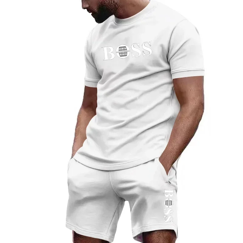Conjunto masculino de duas peças para atividades físicas, composto por camiseta de manga curta e calça, ideal para corrida e corrida. Ótimo desconto na coleção verão 2026.