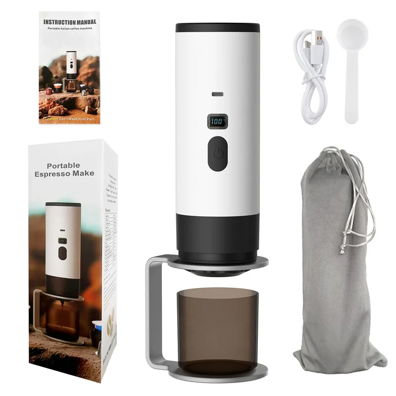 Cafeteira portátil elétrica sem fio 3 em 1 com cápsulas para carro, casa e camping. Ideal para viagens e preparo de café expresso em cápsulas e pó.