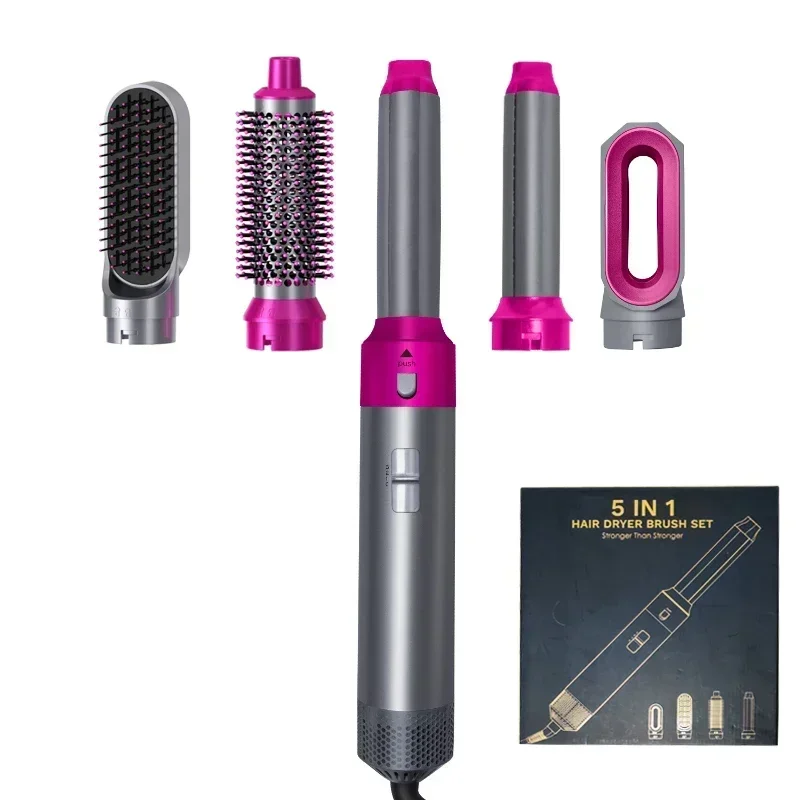 Secador de cabelo 5 em 1 com pente quente, chapinha e modelador de cachos profissional para uso doméstico.