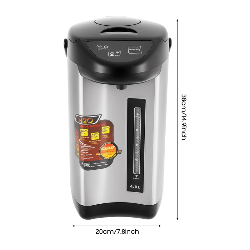 Chaleira elétrica de 750 W e 4 litros, aquecedor de água, chaleira elétrica doméstica em aço inoxidável para escritórios e hotéis.
