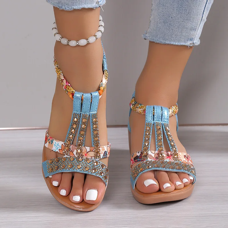 Sandálias femininas de verão com plataforma, estilo boêmio, com strass, casuais, com bico aberto, ideais para praia e atividades ao ar livre.