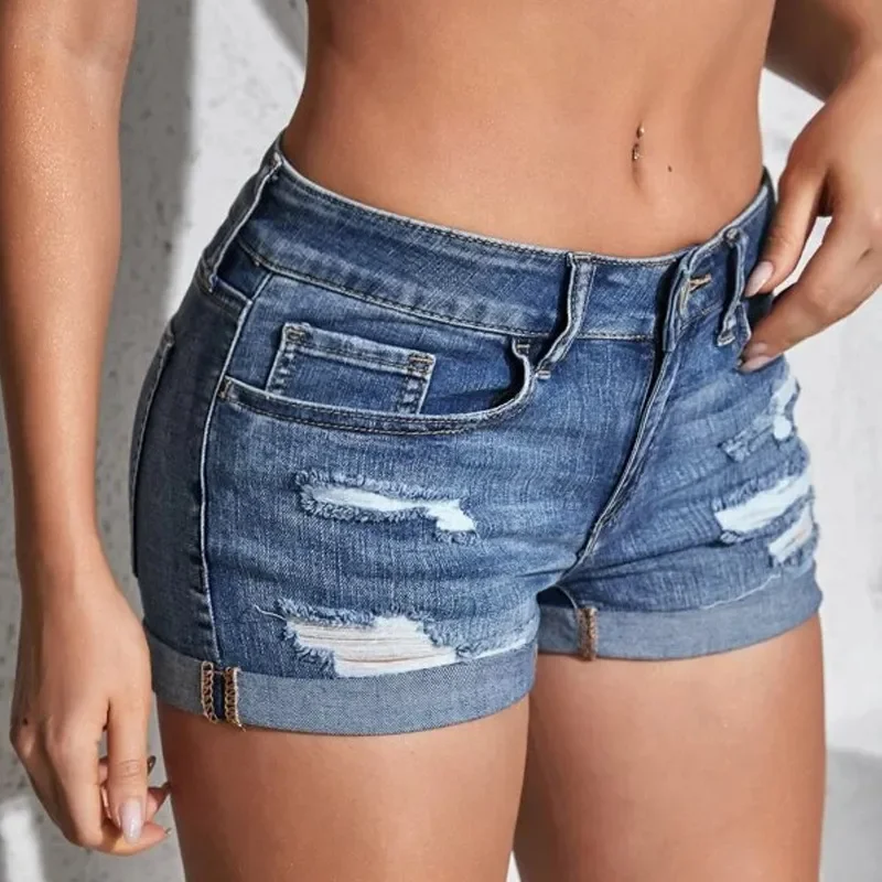 Shorts jeans femininos com fenda, estilo praia, sexy, cintura média, barra dobrada, perfurações, elástico, modelagem slim, casuais.