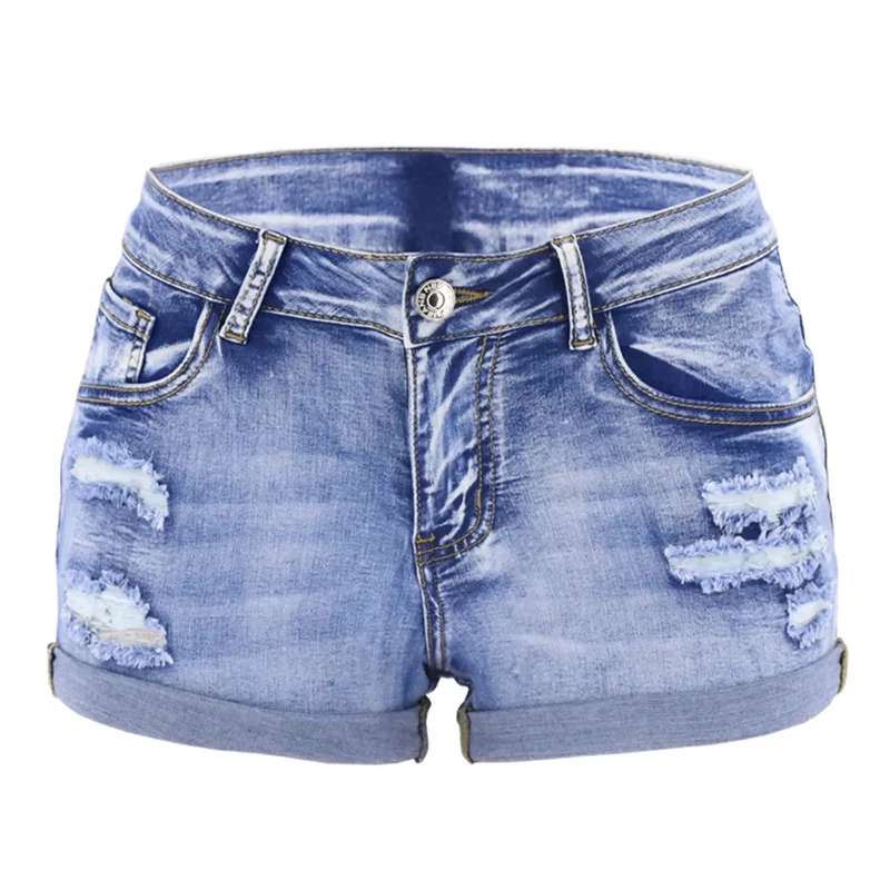 Shorts jeans femininos com fenda, estilo praia, sexy, cintura média, barra dobrada, perfurações, elástico, modelagem slim, casuais.