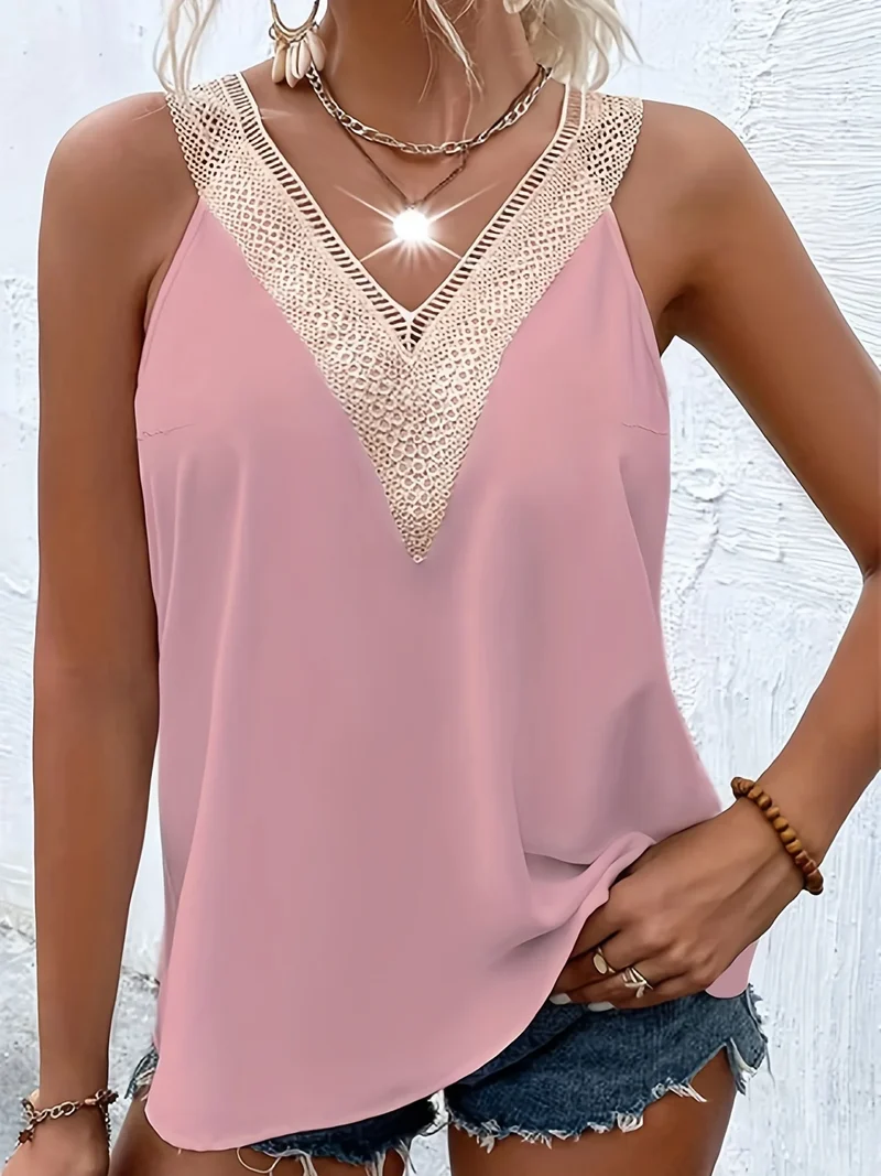 Colete feminino elegante de verão, novo estilo, com decote em V e apliques, sem mangas.