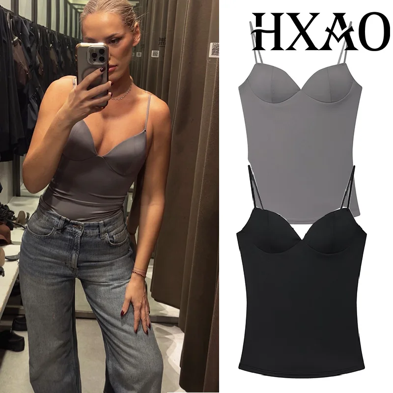 Top cropped sem mangas HXAO, estilo corset, para mulheres, ideal para festas, nas cores cinza, marrom e preto. Camisola sexy com costas abertas e sutiã.