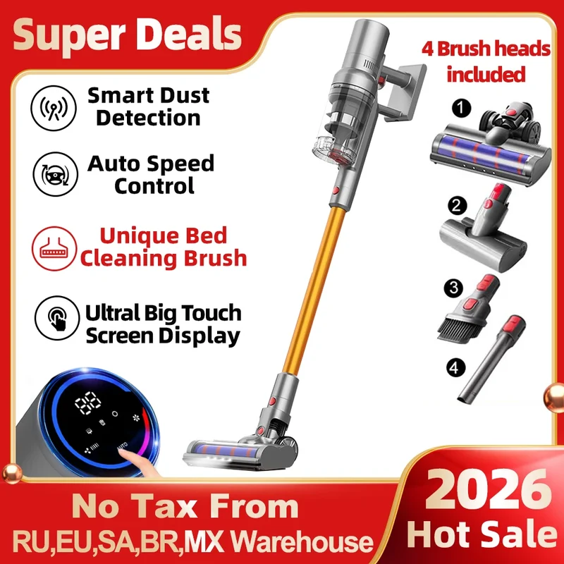 Aspirador de pó portátil sem fio ABIR VC205, 27000PA, tela sensível ao toque, sensor de poeira inteligente, controle automático de velocidade para limpeza de carpetes e camas em casa.