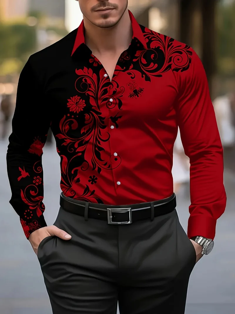 Camisa social masculina elegante com estampa floral vermelha - Camisa casual de manga comprida com botões, ideal para a primavera.
