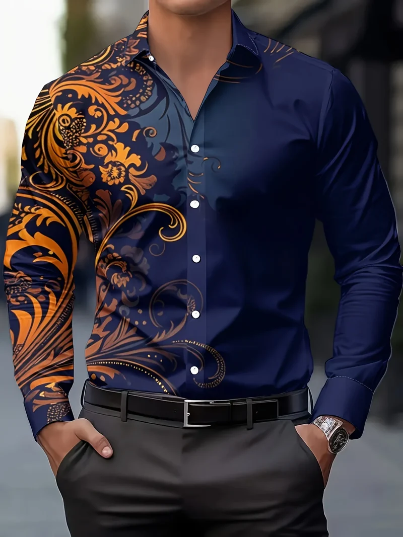 Camisa social masculina elegante com estampa floral vermelha - Camisa casual de manga comprida com botões, ideal para a primavera.