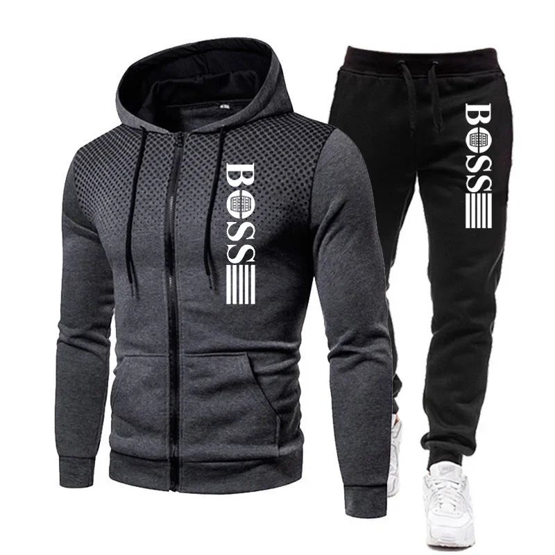 Conjunto de duas peças de roupa esportiva quente para outono e inverno, modelo 2025, composto por moletom com zíper e calça casual.