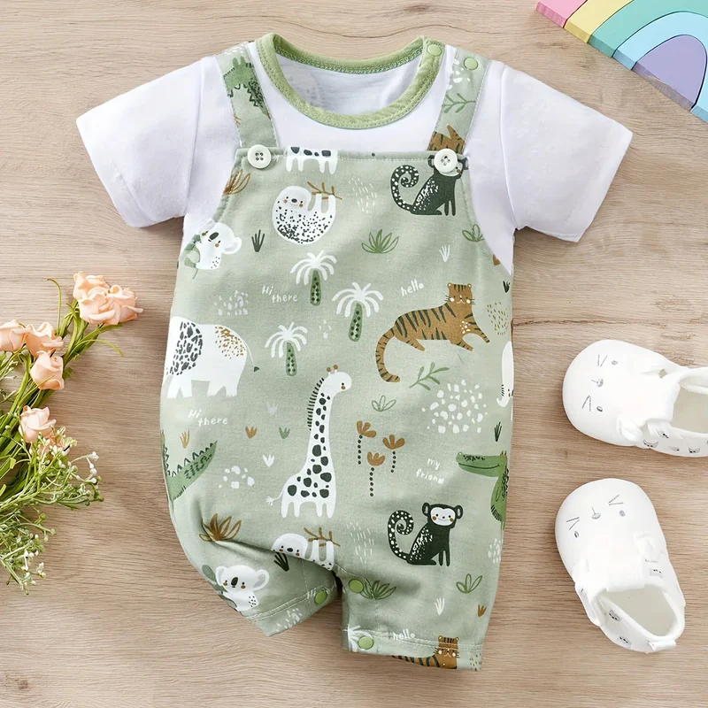 Macacão infantil adorável com estampa de animais do zoológico para meninos recém-nascidos, modelo de duas peças com mangas curtas, ideal para brincar e relaxar. F