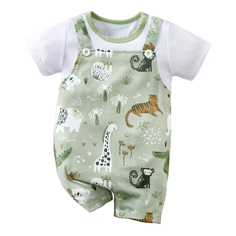 Macacão infantil adorável com estampa de animais do zoológico para meninos recém-nascidos, modelo de duas peças com mangas curtas, ideal para brincar e relaxar. F