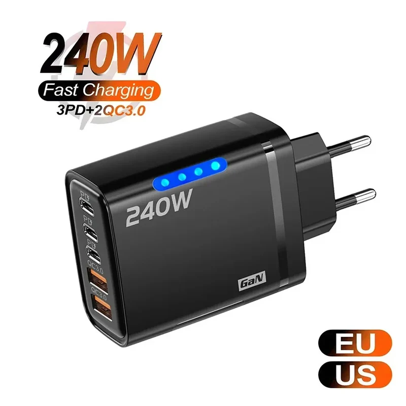 Carregador GaN USB-C 5 em 1 de 240 W com carregamento rápido para iPhone, Samsung e Xiaomi. Adaptador de energia para tomada Tipo C (UE/EUA).