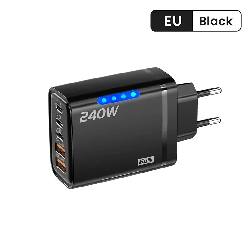 Carregador GaN USB-C 5 em 1 de 240 W com carregamento rápido para iPhone, Samsung e Xiaomi. Adaptador de energia para tomada Tipo C (UE/EUA).