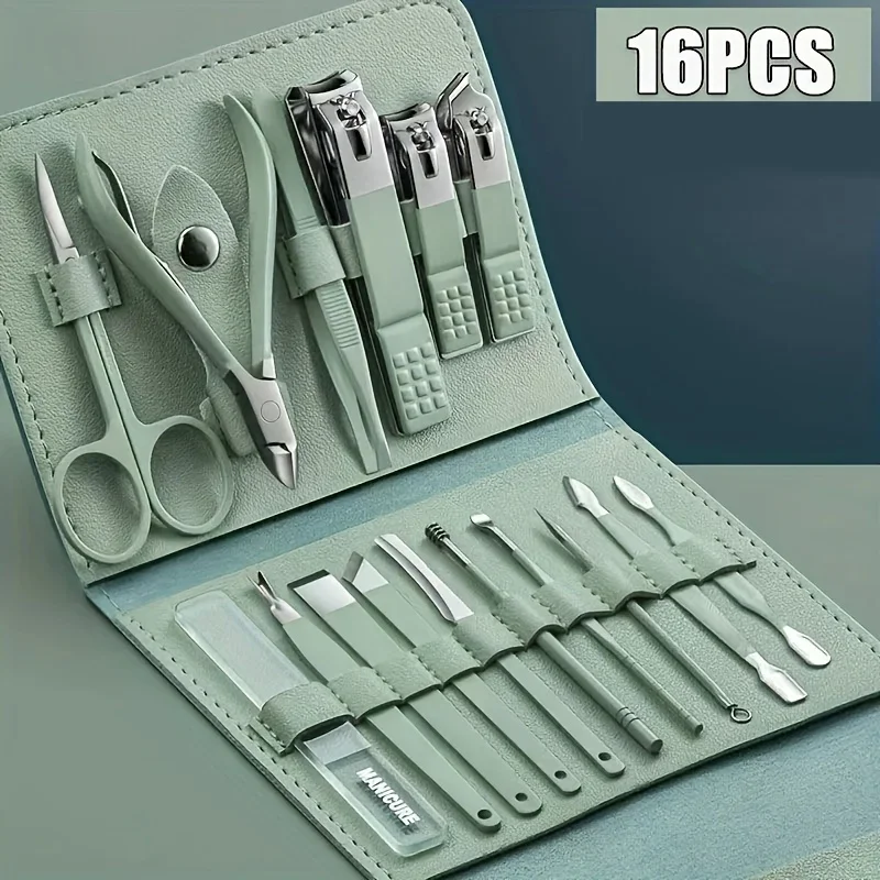 Conjunto de 16 peças de cortadores de unhas e alicates de cutícula profissionais com estojo de viagem, conjunto de manicure e pedicure.