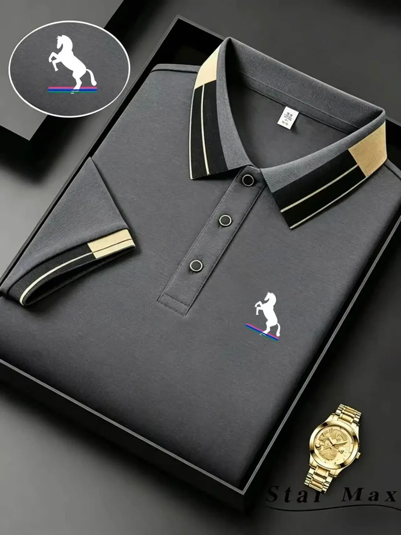 Camisa polo masculina de luxo de manga curta com bordado de cavalo, estilo milanês, camiseta casual de verão para homens de negócios.