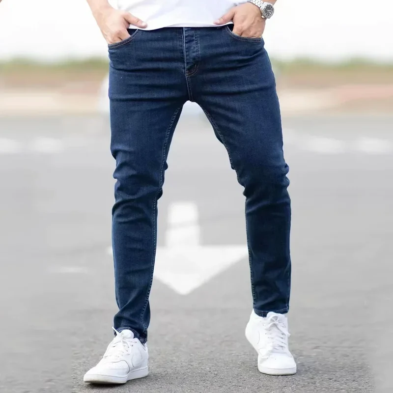 Calça Jeans Masculina Preta e Azul Primavera, Cor Lisa, Stretch, Estilo Casual Urbano, Corte Slim, Lavagem Vintage, Skinny para Homens