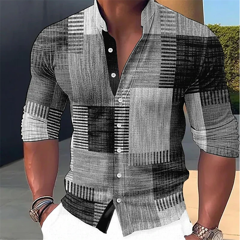 Camisa masculina retrô de manga comprida com costura degradê, gola alta, botões, estilo streetwear, design moderno e respirável.