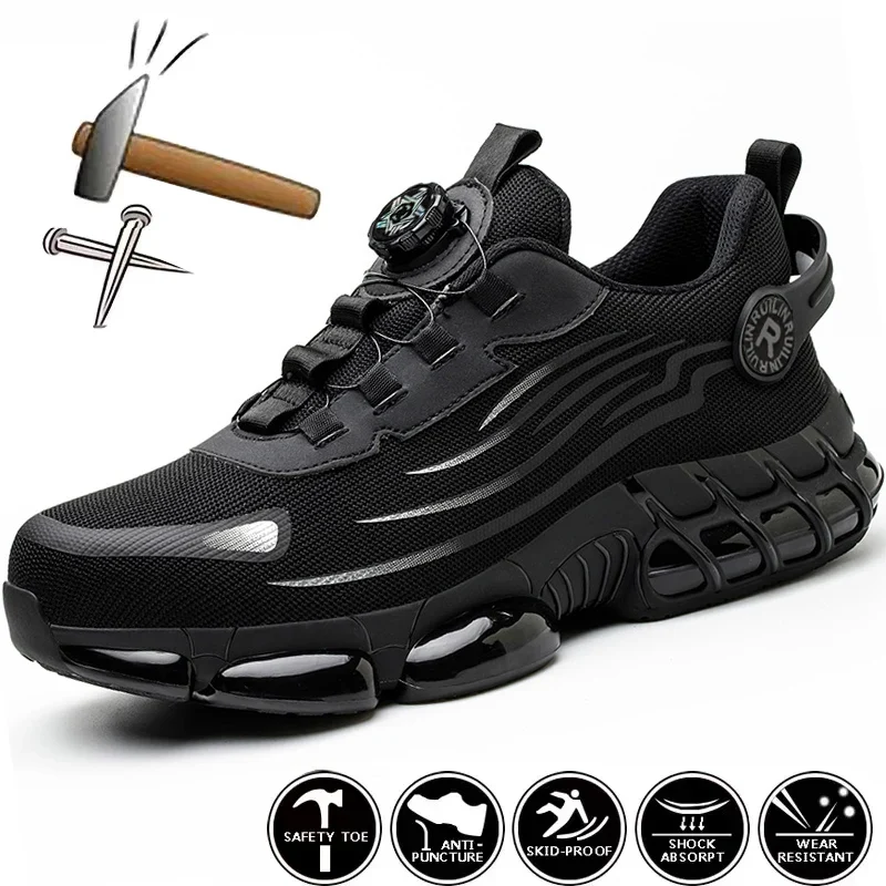 Sapatos de segurança masculinos com botão giratório, resistentes a impactos e perfurações, ideais para trabalho, esportes e proteção. Modelos modernos e estilosos.
