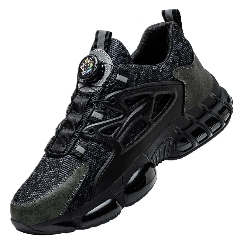 Sapatos de segurança masculinos com botão giratório, resistentes a impactos e perfurações, ideais para trabalho, esportes e proteção. Modelos modernos e estilosos.