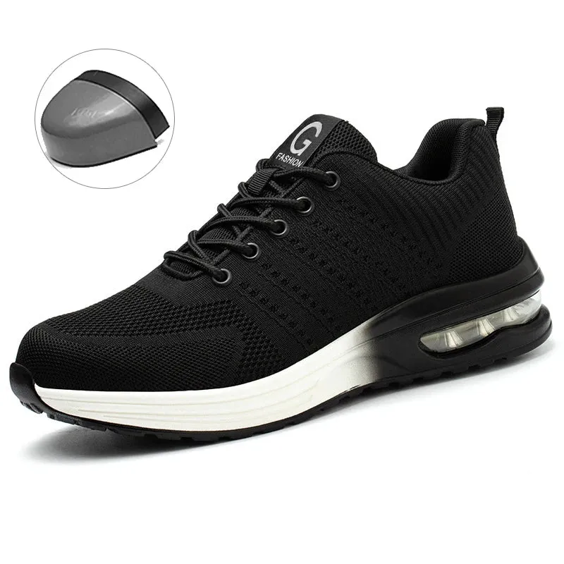 Sapatos de segurança com biqueira de aço para homens e mulheres, resistentes a impactos e perfurações, na cor azul, respiráveis, leves e com amortecimento de ar
