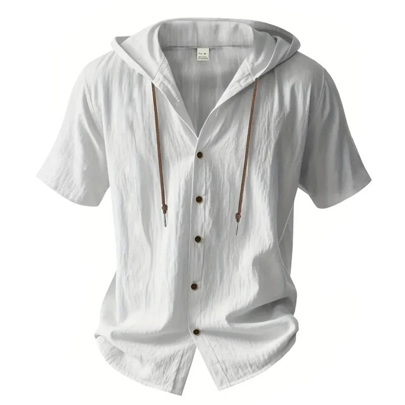Camisa masculina de algodão e linho com capuz, manga curta, cor sólida, respirável, leve, com cordão ajustável, estilo básico e casual.
