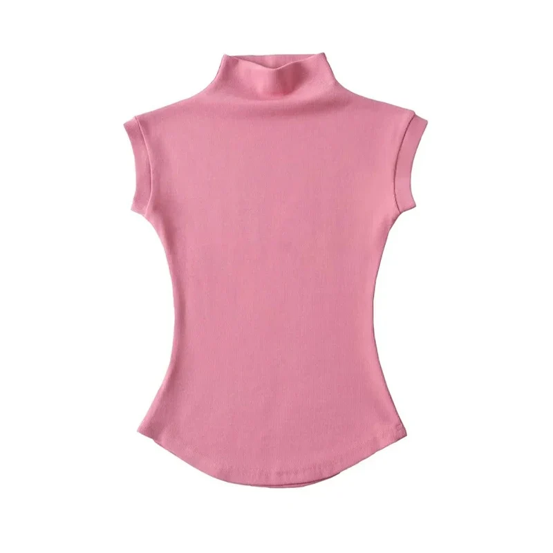 Blusas femininas de verão, sexy, gola alta, sem mangas, lisas, corte justo, estilo casual, camisetas básicas para o dia a dia.