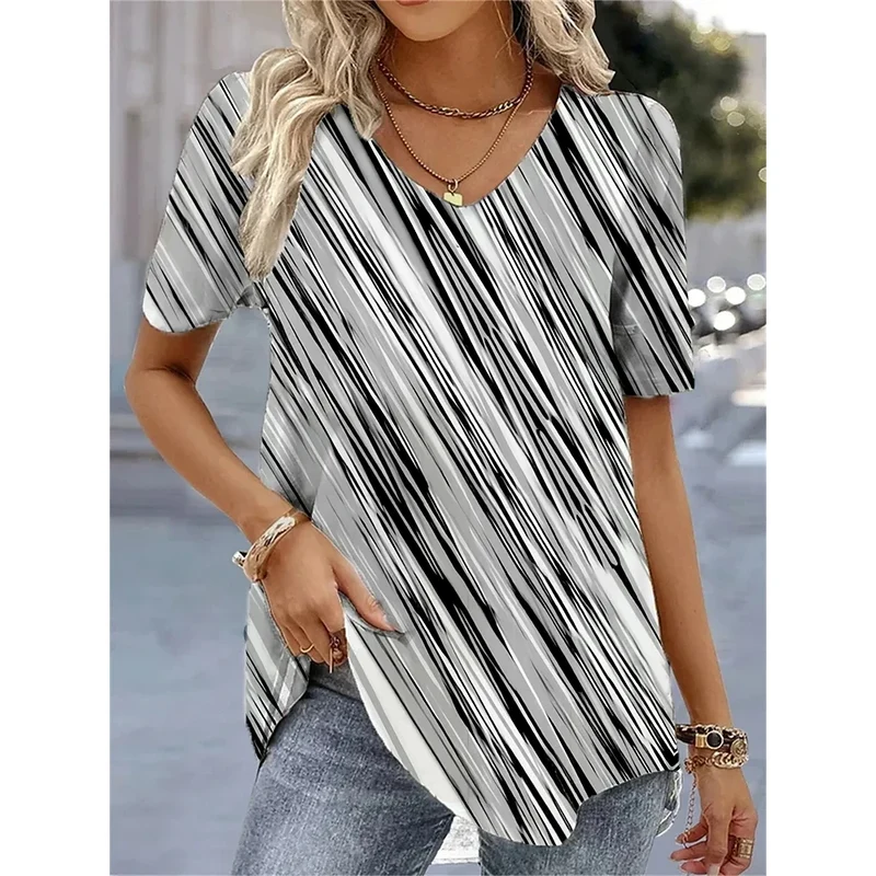 Blusas femininas da moda 2024, camiseta feminina branca com estampa floral 3D, estilo kawaii, decote em V, roupa feminina, tops de verão oversized.