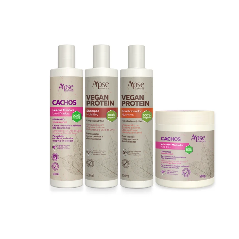 Apse Cosmetics - Vegan Curls Kit - Vegan Shampoo, Vegan Conditioner, Curl Jelly, and Curl Activator (4 ITEMS)