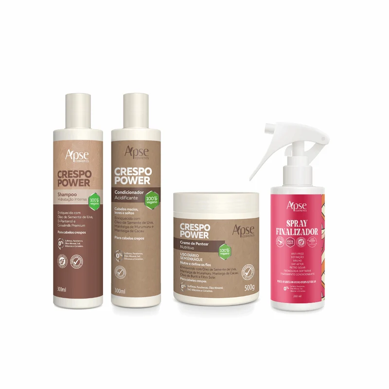Apse Cosmetics - Power Curly Hair Kit - Shampoo, Conditioner, Leave-in Cream, and Finishing Spray (4 ITEMS)