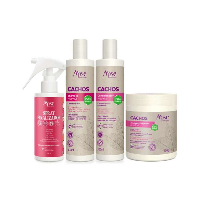 Apse Cosmetics - Curls Kit - Shampoo, Conditioner, Activator and Styler, and Finishing Spray (4 ITEMS)