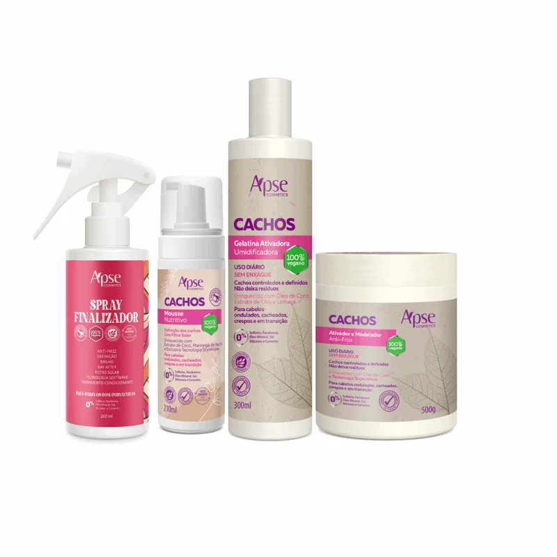 Apse Cosmetics - Curl Finishing Kit - Mousse, Activating Gelatin, Activator and Styler, and Finishing Spray Note: The conversion from metric to US standards would depend on the specific measurements provided for each product in the kit.