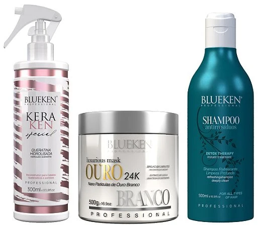 Blueken Keraken Special Hydrolyzed Keratin 300Ml + Luxurious White Gold Mask 500G + Detox Anti -Residue Shampoo 500Ml