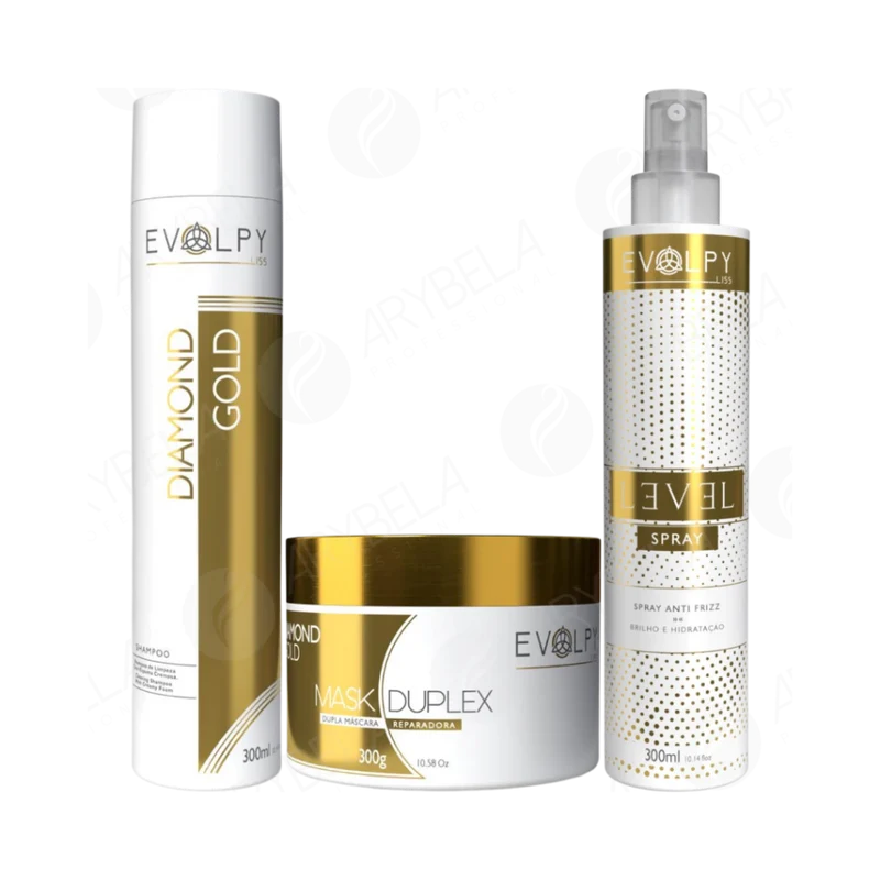 Kit for dry and brittle hair 500ml shampoo + duplex mask 300g + spray anti frizz home care diamond gold Super x Evolpy Liss