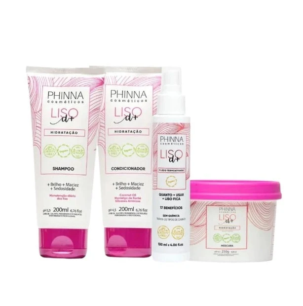 Liso D+ Smooth Hair Shine Hydration Treatment Home Care Mainteance Kit 4 Itens - Phinna