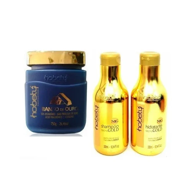 Gold Bath Tecno Gold Hair Strenghtening Hyaluronic Acid Collagen Treatment Kit 3 Itens - Hobety